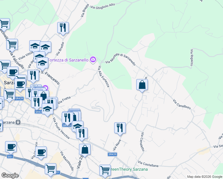 map of restaurants, bars, coffee shops, grocery stores, and more near 30 Via Alla Fortezza in Sarzana