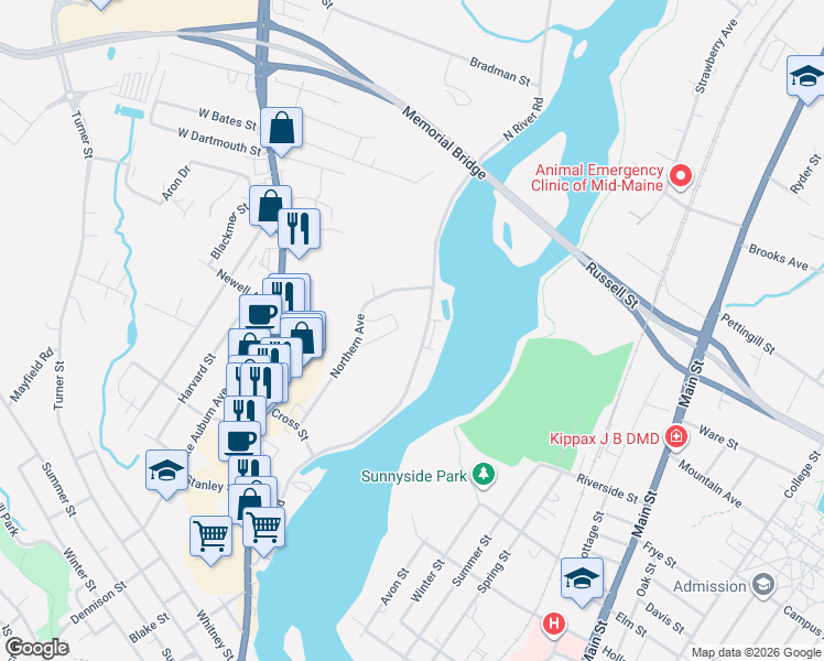map of restaurants, bars, coffee shops, grocery stores, and more near 222 North River Road in Auburn