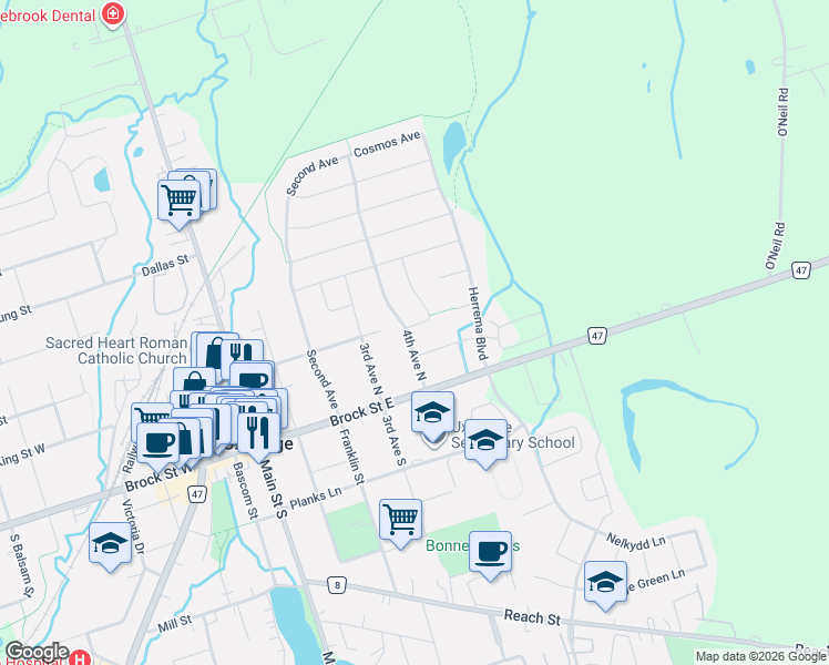map of restaurants, bars, coffee shops, grocery stores, and more near 1 Remion Crescent in Uxbridge