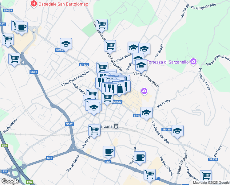 map of restaurants, bars, coffee shops, grocery stores, and more near 19-21 Via Mazzini in Sarzana