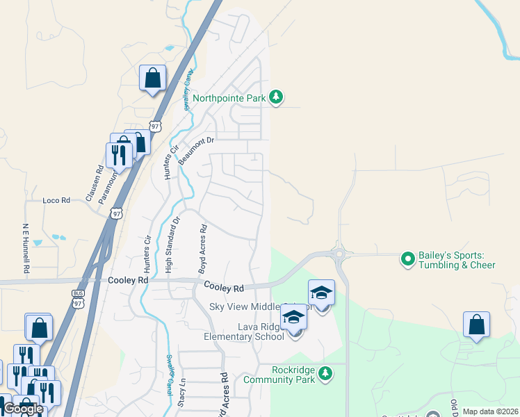 map of restaurants, bars, coffee shops, grocery stores, and more near 63664 Ranch Village Drive in Bend