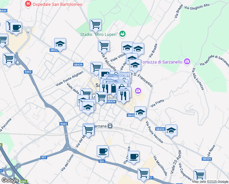 map of restaurants, bars, coffee shops, grocery stores, and more near 55 Via Giuseppe Mazzini in Sarzana