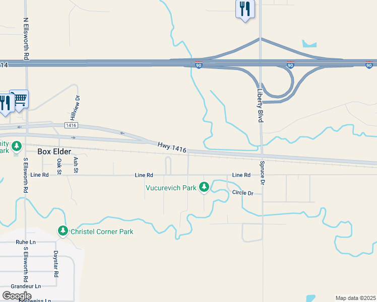 map of restaurants, bars, coffee shops, grocery stores, and more near Highway 1416 in Box Elder