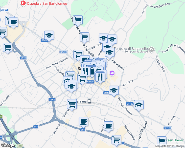 map of restaurants, bars, coffee shops, grocery stores, and more near 55 Via Giuseppe Mazzini in Sarzana