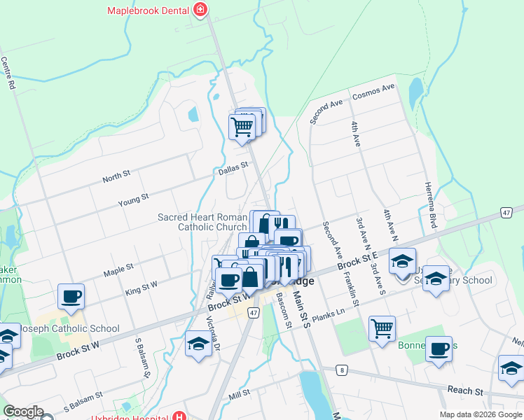 map of restaurants, bars, coffee shops, grocery stores, and more near 98 Toronto Street North in Uxbridge