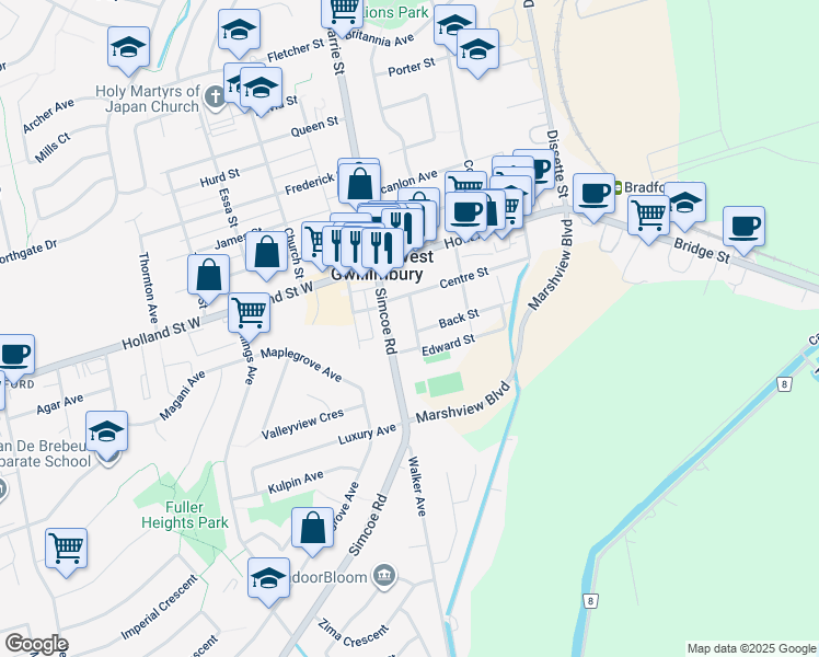 map of restaurants, bars, coffee shops, grocery stores, and more near 74 William Street in Bradford West Gwillimbury