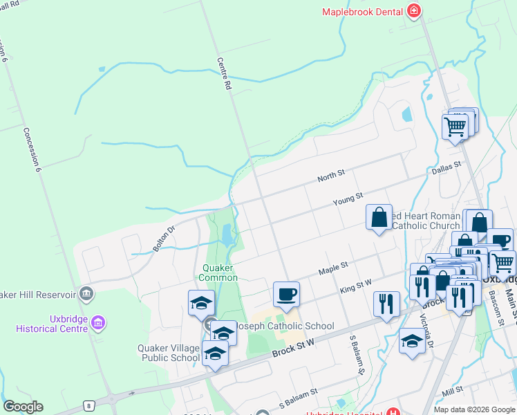 map of restaurants, bars, coffee shops, grocery stores, and more near 74 Centre Road in Uxbridge