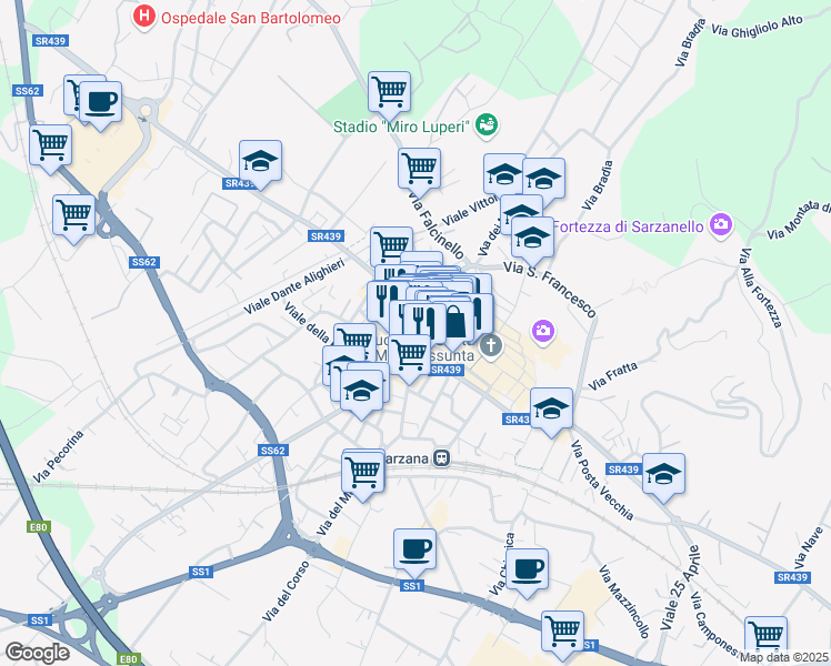 map of restaurants, bars, coffee shops, grocery stores, and more near 19-21 Via Mazzini in Sarzana
