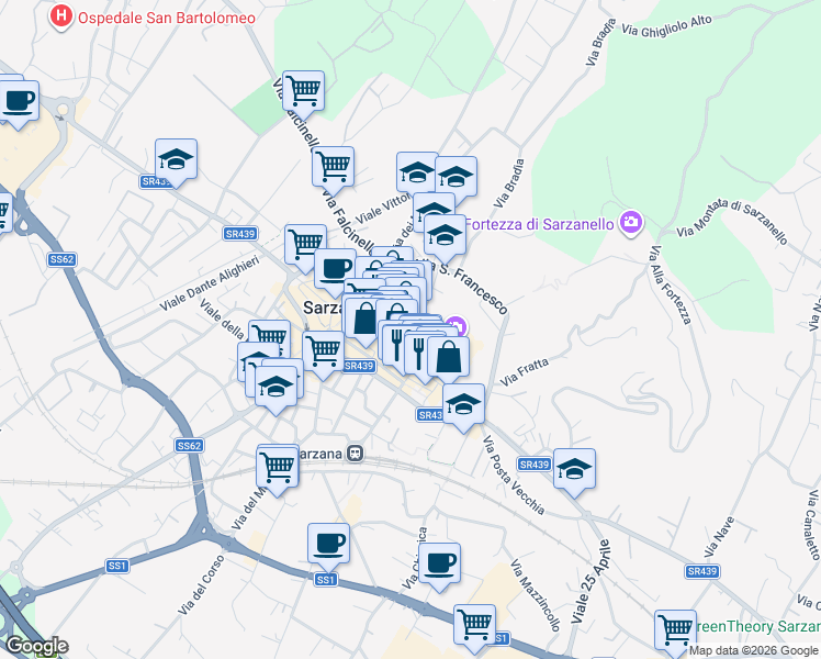 map of restaurants, bars, coffee shops, grocery stores, and more near Piazza Garibaldi in Sarzana