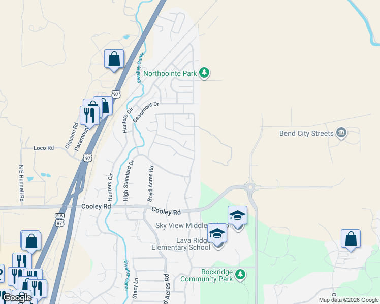 map of restaurants, bars, coffee shops, grocery stores, and more near 63664 Ranch Village Drive in Bend