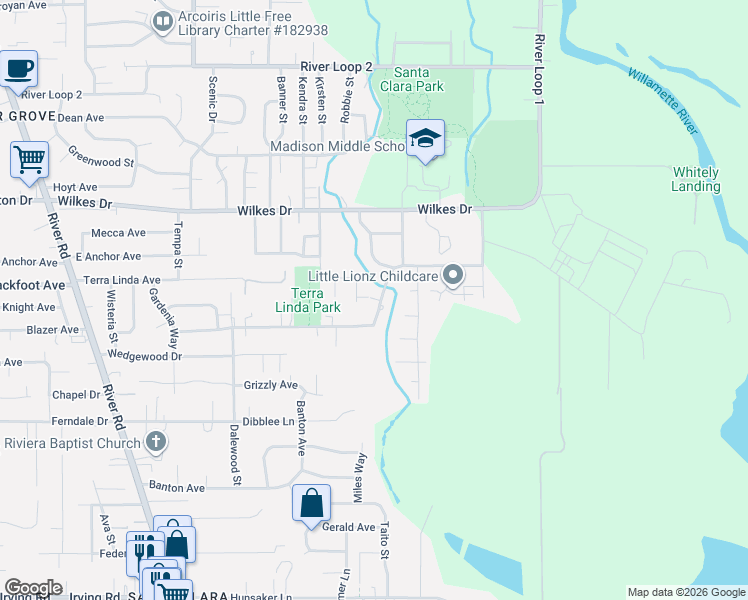 map of restaurants, bars, coffee shops, grocery stores, and more near 755 River Loop 1 in Eugene