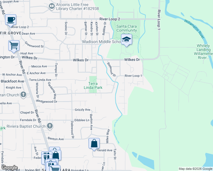 map of restaurants, bars, coffee shops, grocery stores, and more near 755 River Loop 1 in Eugene