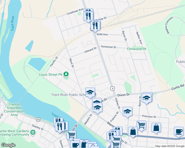 map of restaurants, bars, coffee shops, grocery stores, and more near 20 Austin Street in Quinte West
