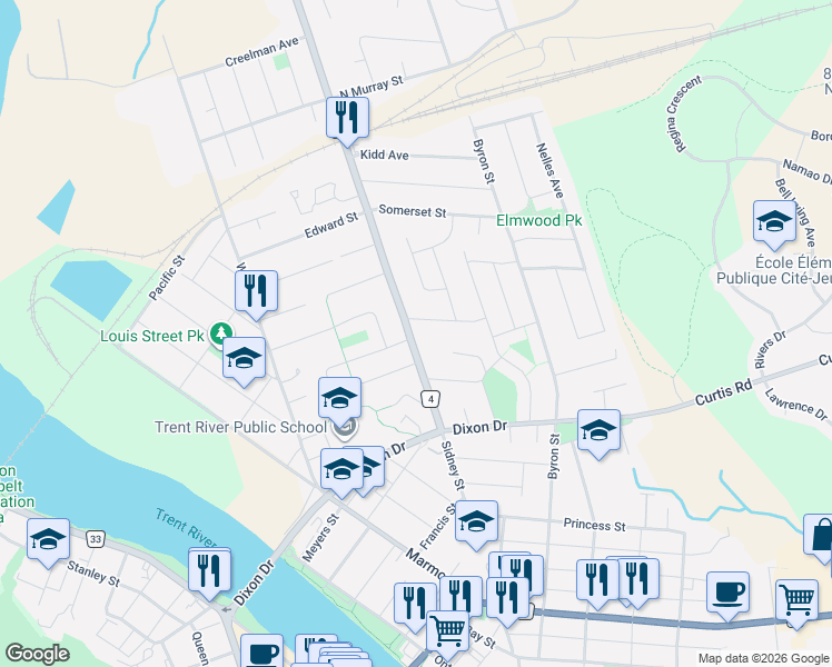 map of restaurants, bars, coffee shops, grocery stores, and more near 195 Sidney Street in Quinte West