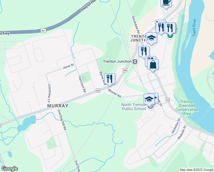 map of restaurants, bars, coffee shops, grocery stores, and more near 18148 Telephone Road in Quinte West