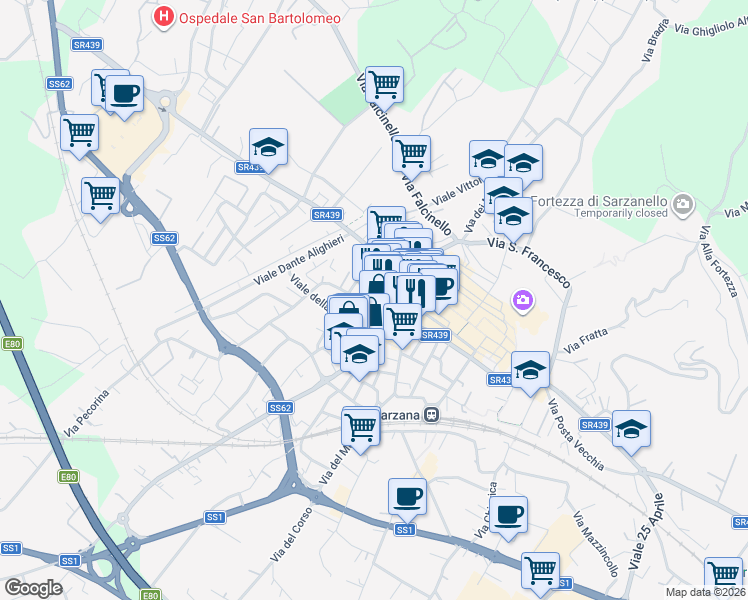 map of restaurants, bars, coffee shops, grocery stores, and more near 32 Via Pietro Gori in Sarzana