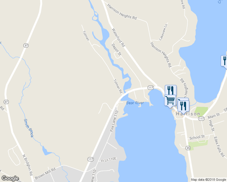 map of restaurants, bars, coffee shops, grocery stores, and more near 65 Bridgton Rd in Harrison