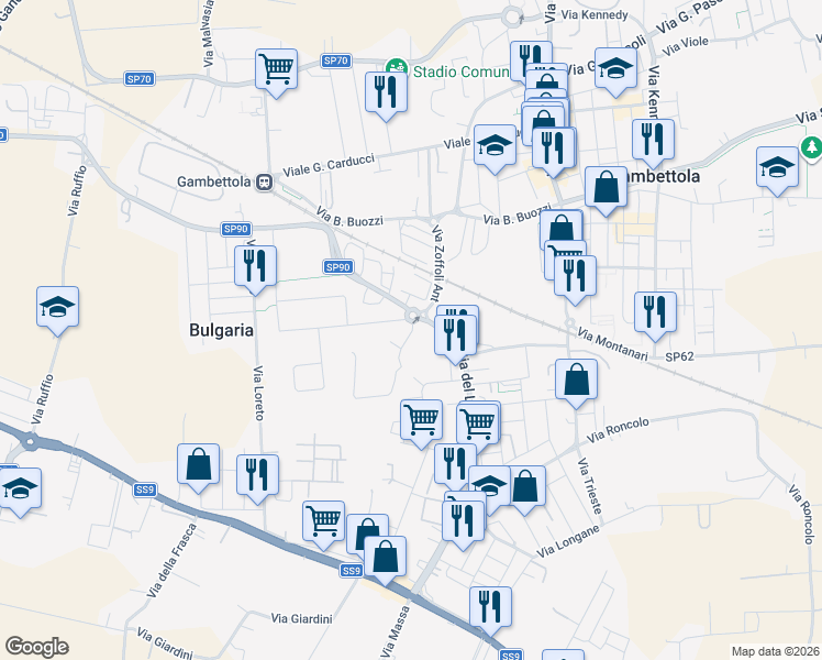 map of restaurants, bars, coffee shops, grocery stores, and more near 23 Via Antonio Zoffoli in Gambettola