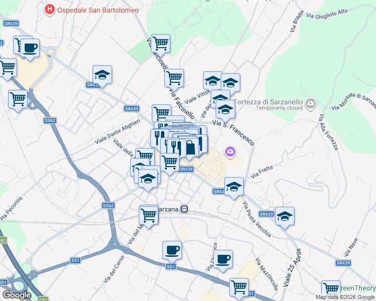 map of restaurants, bars, coffee shops, grocery stores, and more near 29 Via Sobborgo Emiliano in Sarzana
