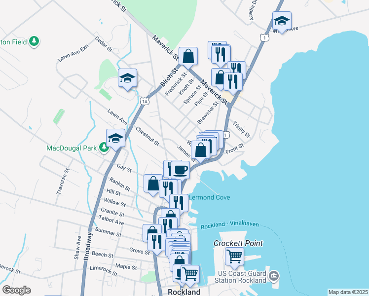 map of restaurants, bars, coffee shops, grocery stores, and more near 21 Rockland Street in Rockland
