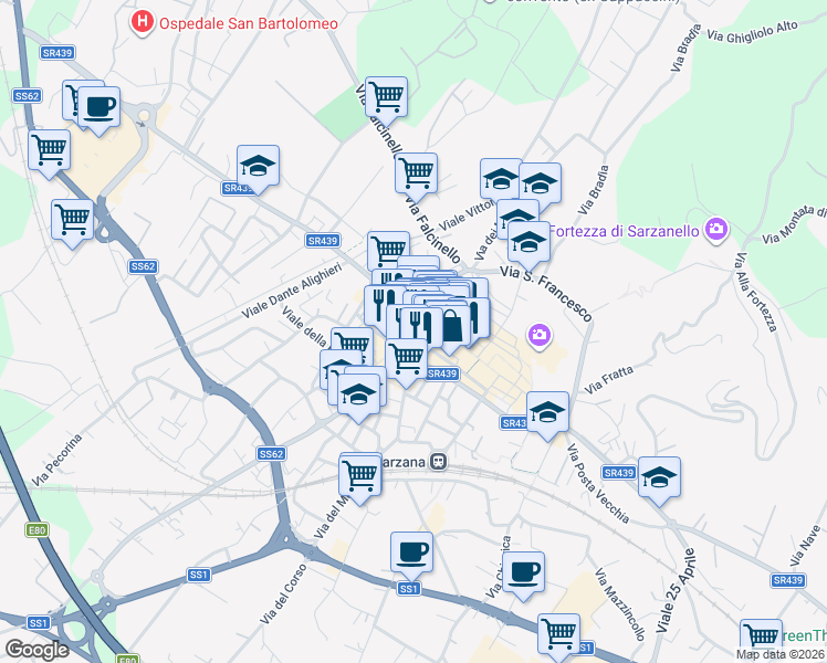 map of restaurants, bars, coffee shops, grocery stores, and more near 29 Via Sobborgo Emiliano in Sarzana