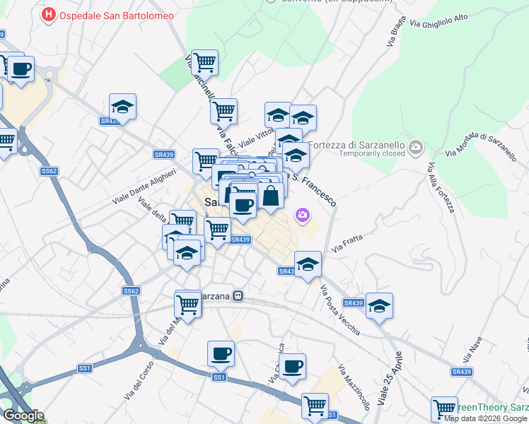 map of restaurants, bars, coffee shops, grocery stores, and more near 16 Via Torrione San Francesco in Sarzana