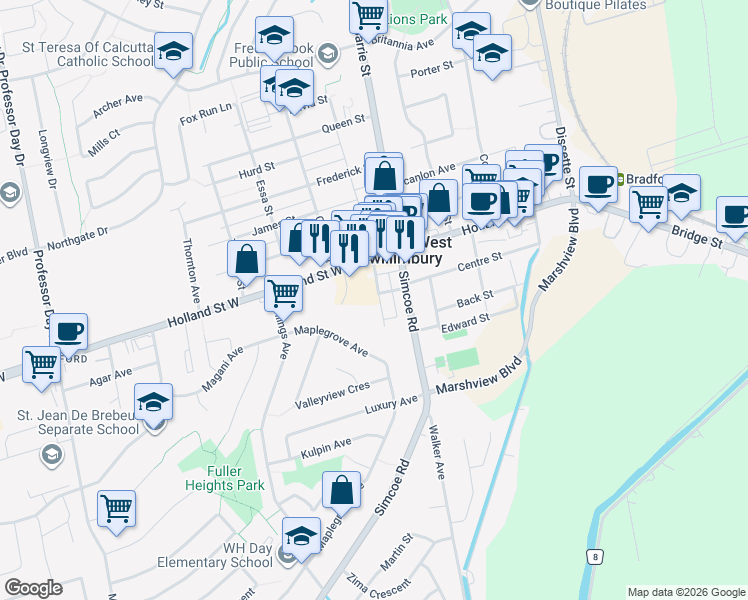 map of restaurants, bars, coffee shops, grocery stores, and more near 44 Drury Street in Bradford West Gwillimbury