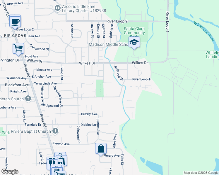 map of restaurants, bars, coffee shops, grocery stores, and more near 647 Terra Linda Avenue in Eugene