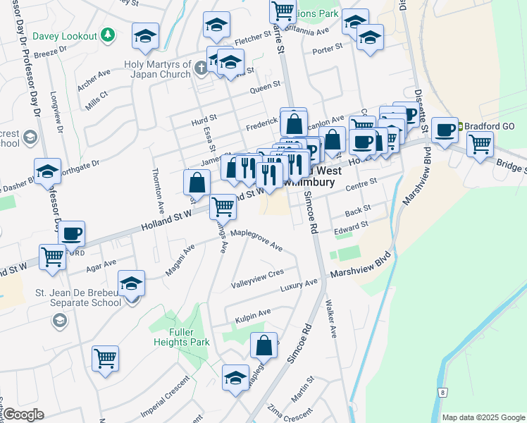 map of restaurants, bars, coffee shops, grocery stores, and more near in Bradford West Gwillimbury