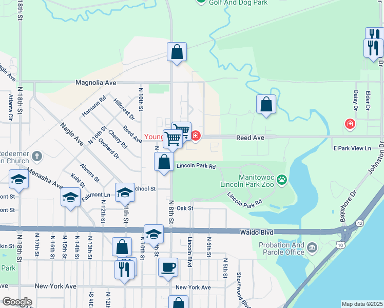 map of restaurants, bars, coffee shops, grocery stores, and more near 1325 North 8th Street in Manitowoc