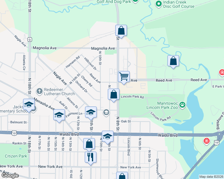 map of restaurants, bars, coffee shops, grocery stores, and more near 815 Reed Avenue in Manitowoc