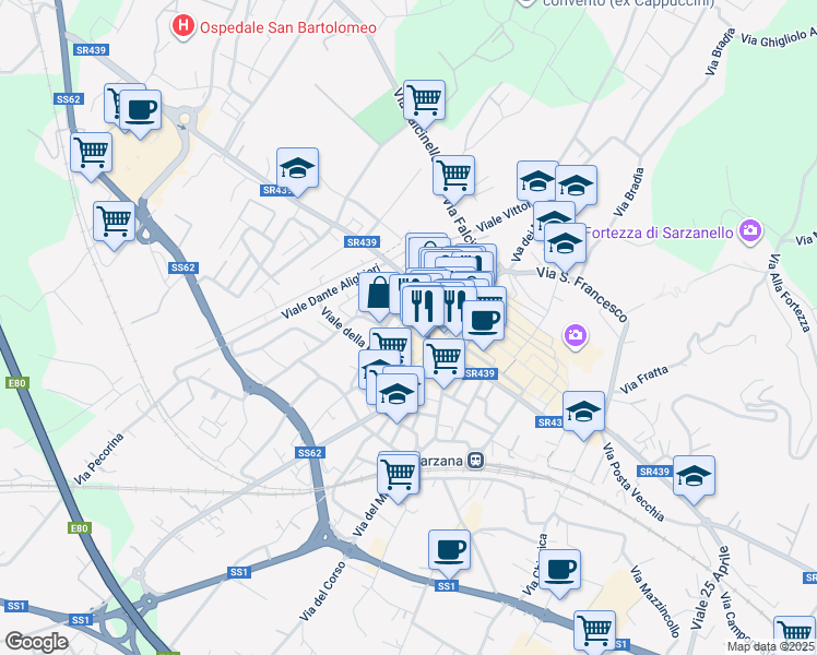map of restaurants, bars, coffee shops, grocery stores, and more near 30 Via Antonio Bertoloni in Sarzana