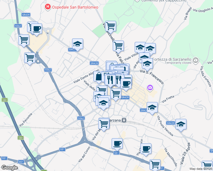 map of restaurants, bars, coffee shops, grocery stores, and more near 30 Via Antonio Bertoloni in Sarzana