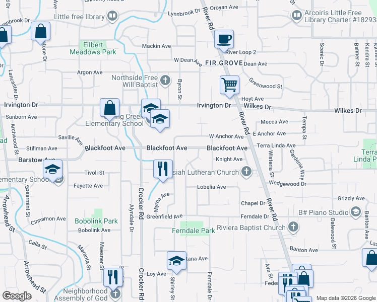 map of restaurants, bars, coffee shops, grocery stores, and more near 374 Blackfoot Avenue in Eugene