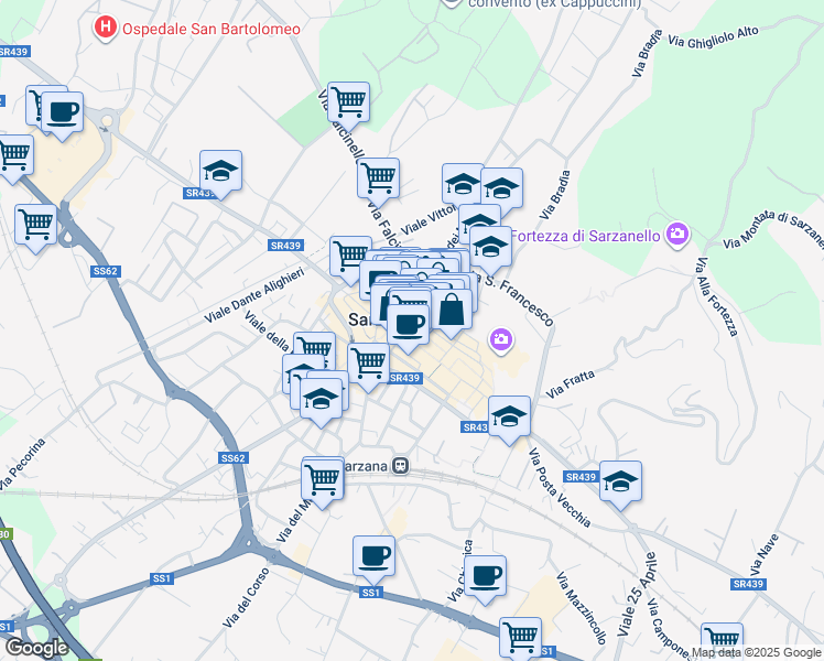map of restaurants, bars, coffee shops, grocery stores, and more near 16 Via Torrione San Francesco in Sarzana