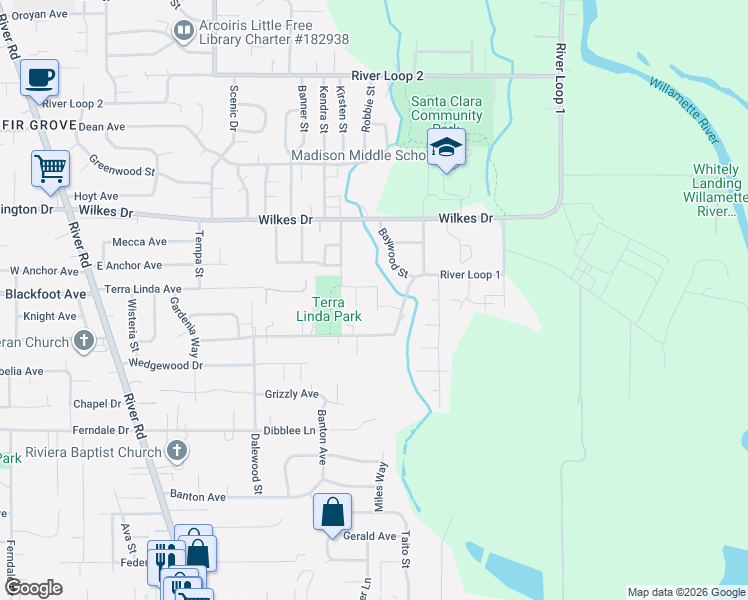 map of restaurants, bars, coffee shops, grocery stores, and more near 3446 Baywood Street in Eugene
