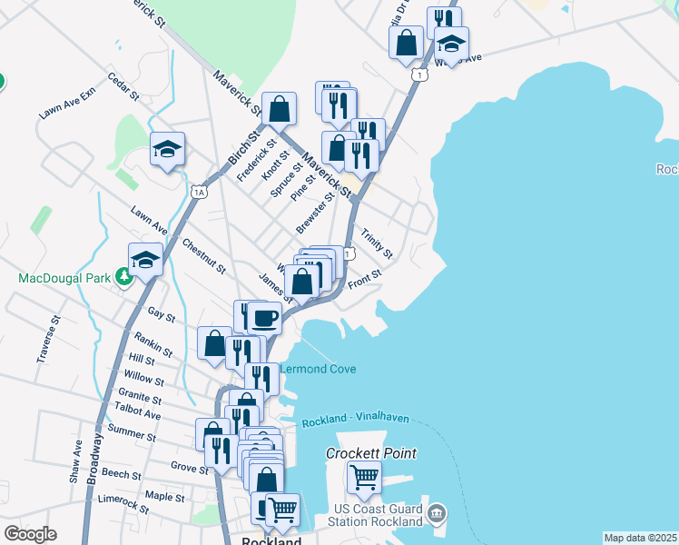 map of restaurants, bars, coffee shops, grocery stores, and more near 20 Perry Street in Rockland