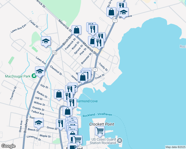 map of restaurants, bars, coffee shops, grocery stores, and more near 8 Camden Street in Rockland