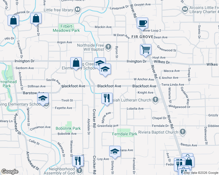 map of restaurants, bars, coffee shops, grocery stores, and more near 438 Blackfoot Avenue in Eugene
