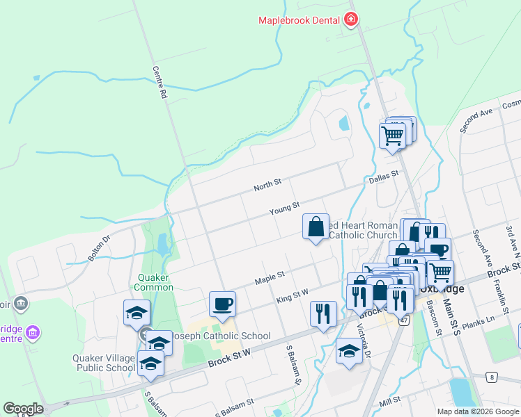 map of restaurants, bars, coffee shops, grocery stores, and more near 22 Young Street in Uxbridge
