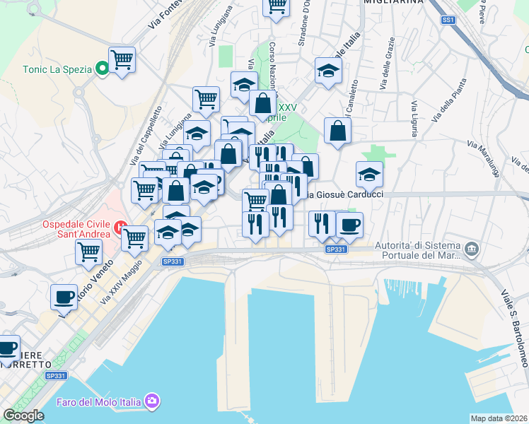 map of restaurants, bars, coffee shops, grocery stores, and more near Corso Nazionale in La Spezia
