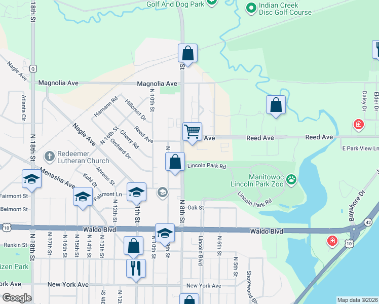 map of restaurants, bars, coffee shops, grocery stores, and more near 1331 North 8th Street in Manitowoc
