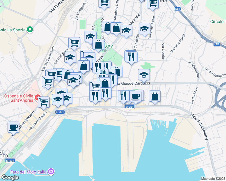 map of restaurants, bars, coffee shops, grocery stores, and more near 68 Via Giosuè Carducci in La Spezia