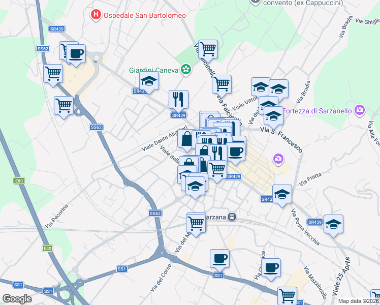 map of restaurants, bars, coffee shops, grocery stores, and more near 9 Via Paganino in Sarzana
