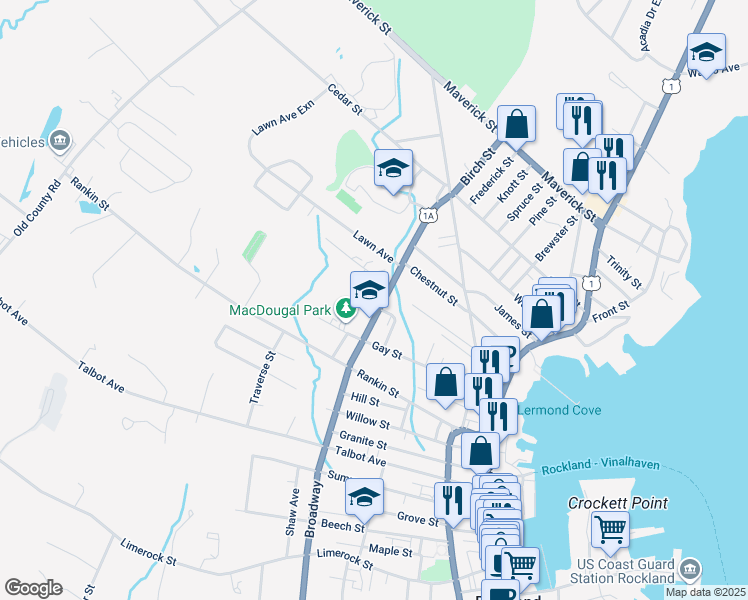map of restaurants, bars, coffee shops, grocery stores, and more near 363 Broadway in Rockland
