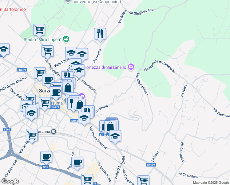 map of restaurants, bars, coffee shops, grocery stores, and more near 28 Via Fratta in Sarzana