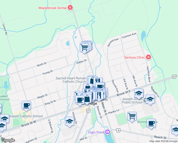 map of restaurants, bars, coffee shops, grocery stores, and more near 125 Main Street North in Uxbridge