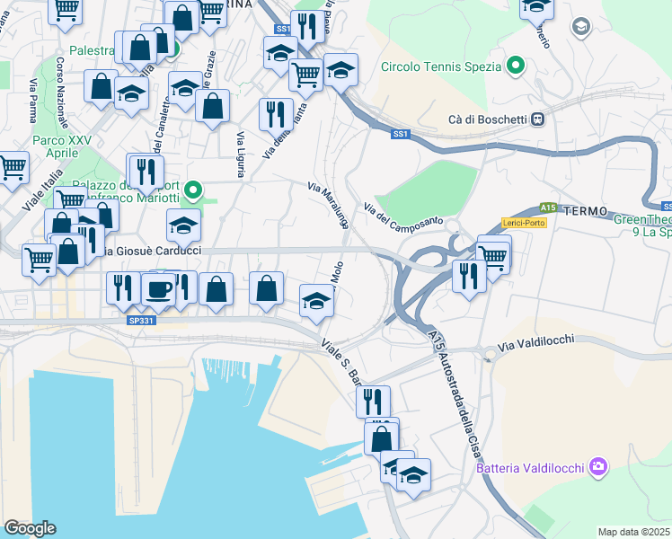 map of restaurants, bars, coffee shops, grocery stores, and more near Via Giosuè Carducci in La Spezia