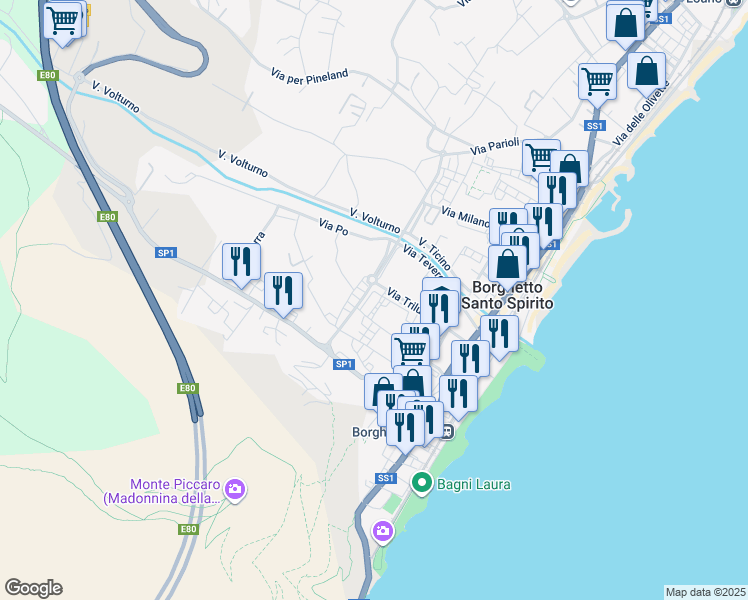 map of restaurants, bars, coffee shops, grocery stores, and more near 1r Corso Raffaello in Borghetto Santo Spirito