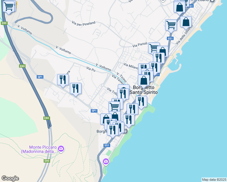map of restaurants, bars, coffee shops, grocery stores, and more near 18 Via Trilussa in Borghetto Santo Spirito